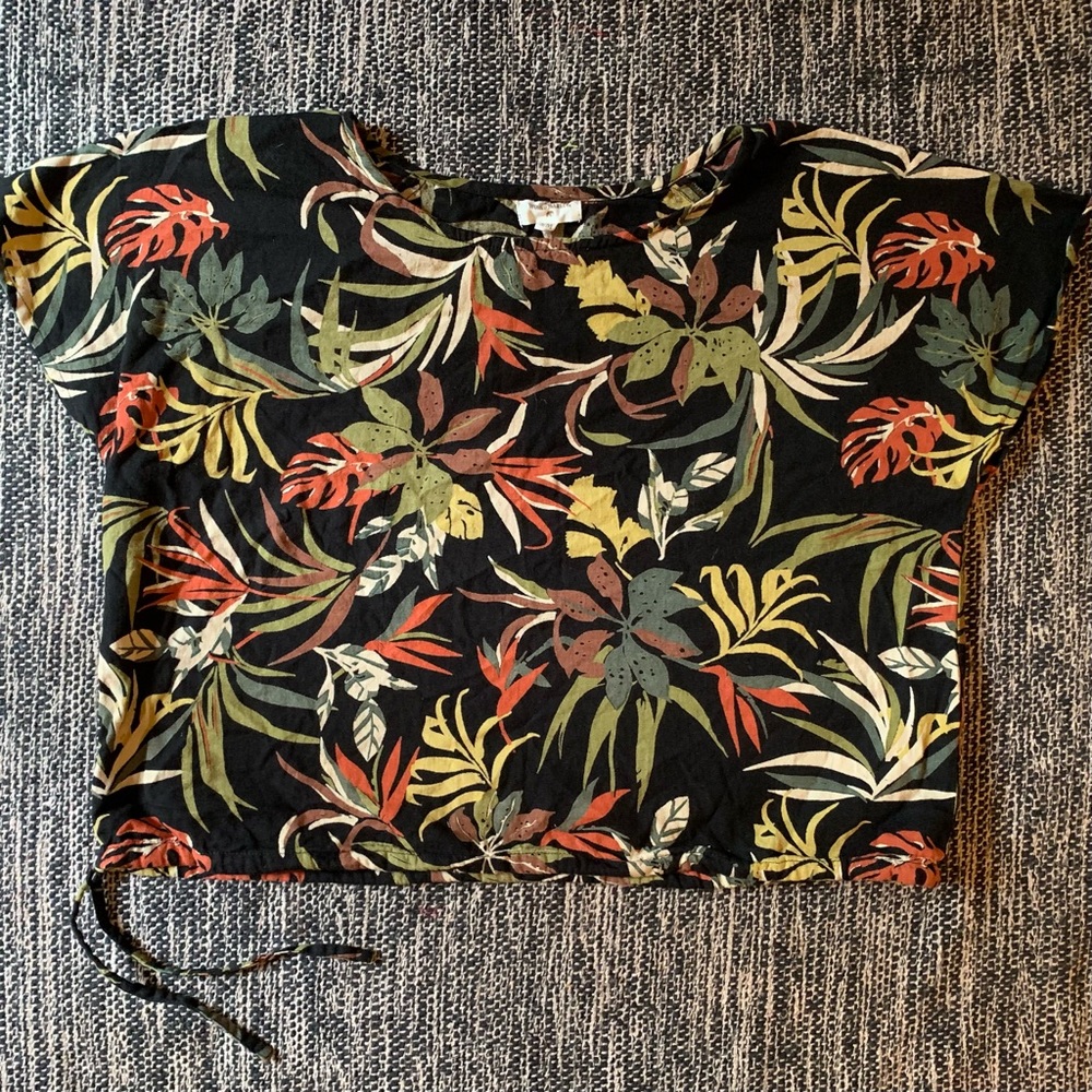 Tropical Jungle Print Drawstring Crop Top Boxy Blouse